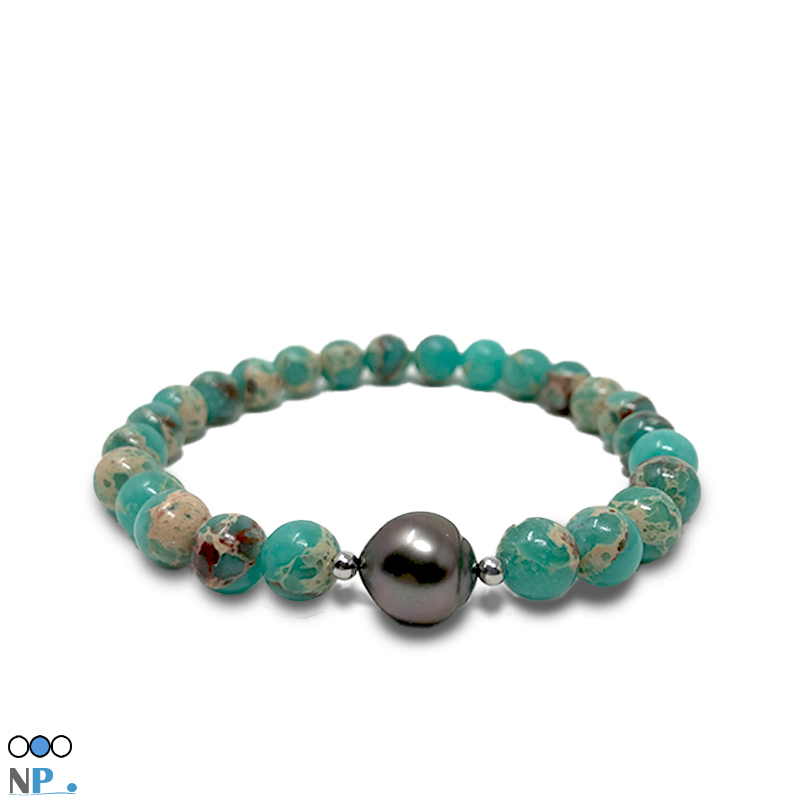 Bracelet très tendance en Jaspe de Sediment de la Mer verte et Perle de Tahiti Baroque de 11,5 mm. avec ses deux billes en Or gris 14k